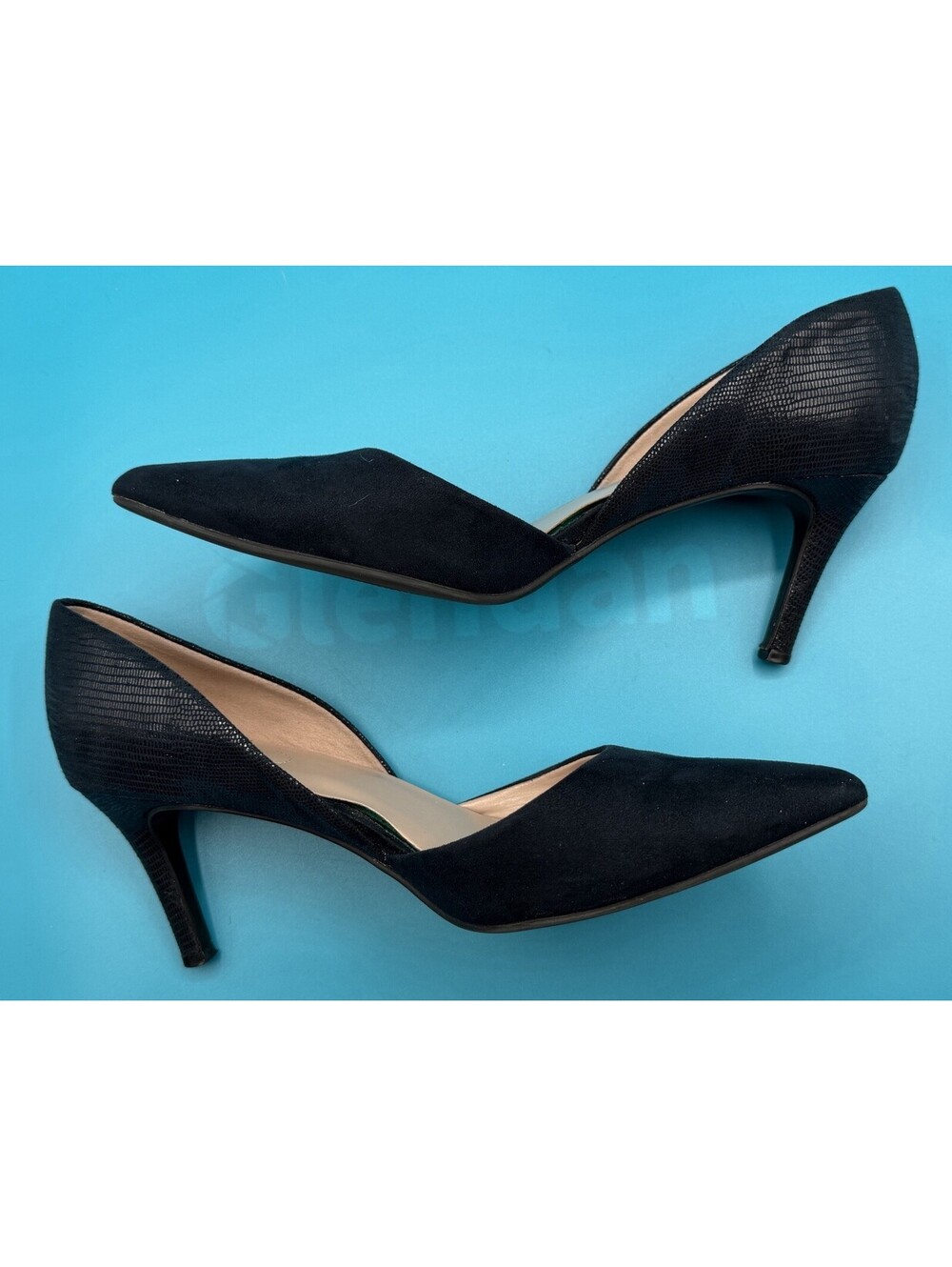 Bandolino Grenow Black Suede Reptile Pumps Women’s 9 Dorsay Pointed Toe Heels